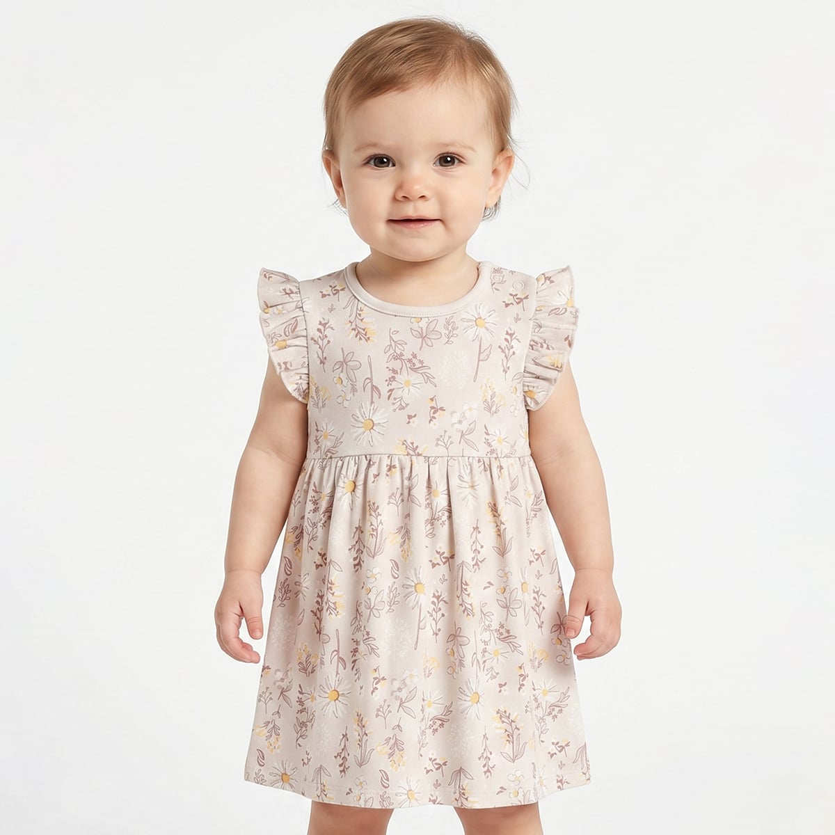 Baby Girls Beige and Cream Floral Printed Cotton Flutter Sleeve Dress Pack of 2 Casual Dresses
