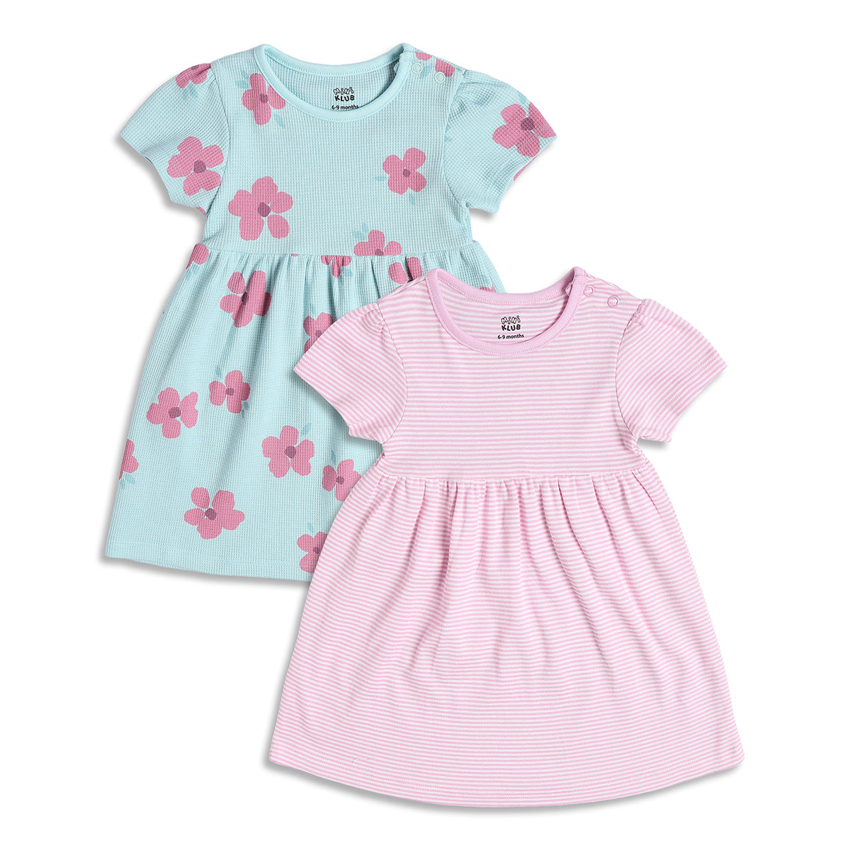 Baby Girls Floral Print And Striped Dresses Pack of 2, Pink And Blue