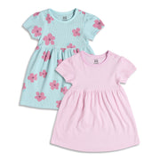 Baby Girls Floral Print And Striped Dresses Pack of 2, Pink And Blue