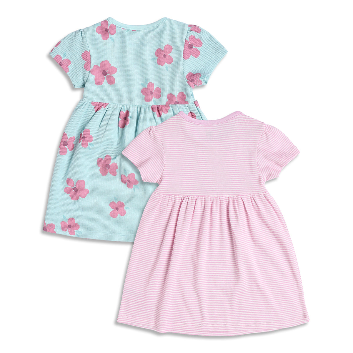 Baby Girls Floral Print And Striped Dresses Pack of 2, Pink And Blue