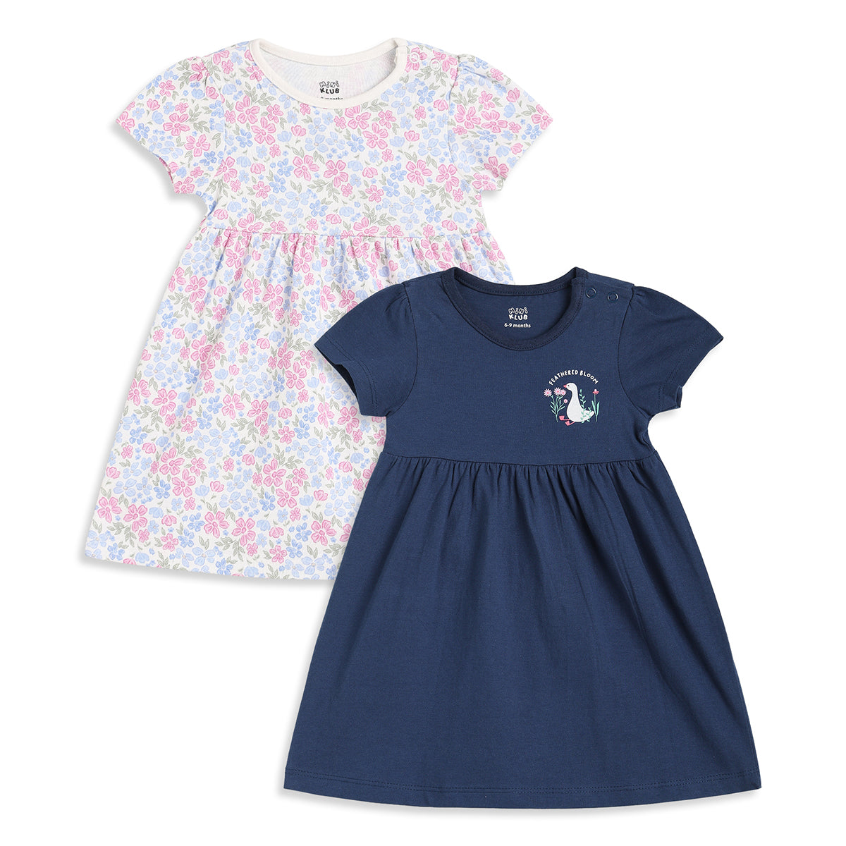 Baby Girls Navy Blue And Cream Cotton Printed Dresses Pack Of 2 Regular Fit Casual Wear