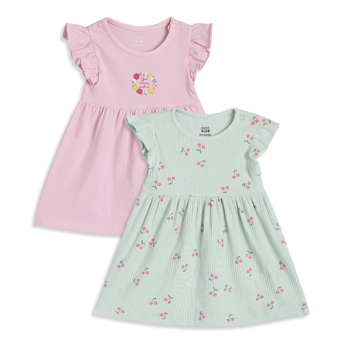 Baby Girls Pink And Mint Green Cotton Printed Dresses Pack Of 2 Regular Fit Casual Wear