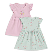 Baby Girls Pink And Mint Green Cotton Printed Dresses Pack Of 2 Regular Fit Casual Wear