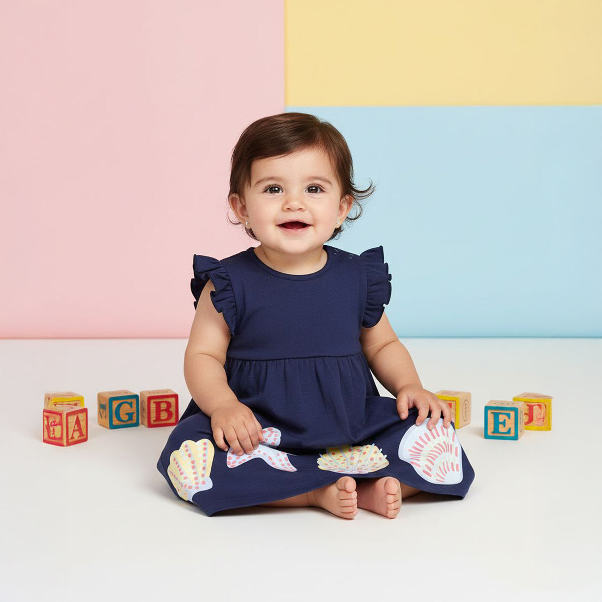 Baby Girls Checked and Sea Life Printed Dresses Pack of 2, Multicolor