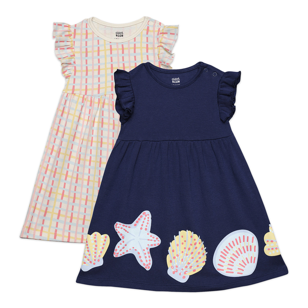 Baby Girls Checked and Sea Life Printed Dresses Pack of 2, Multicolor