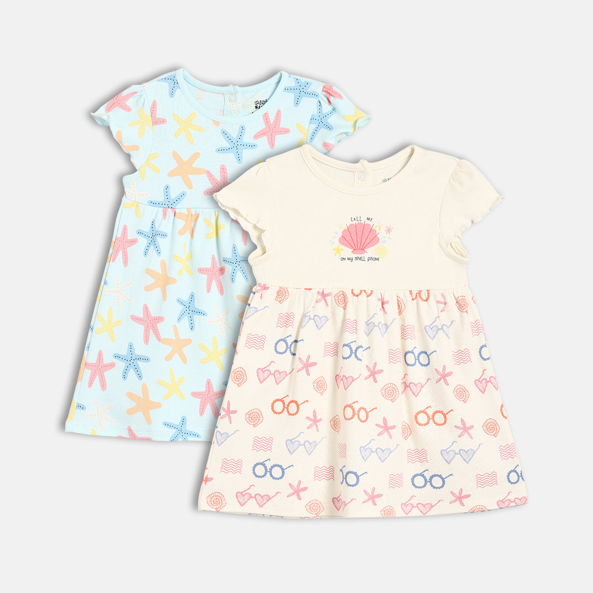 Baby Girls Starfish Print Knit Dresses Pack of 2, Aqua Blue and Cream