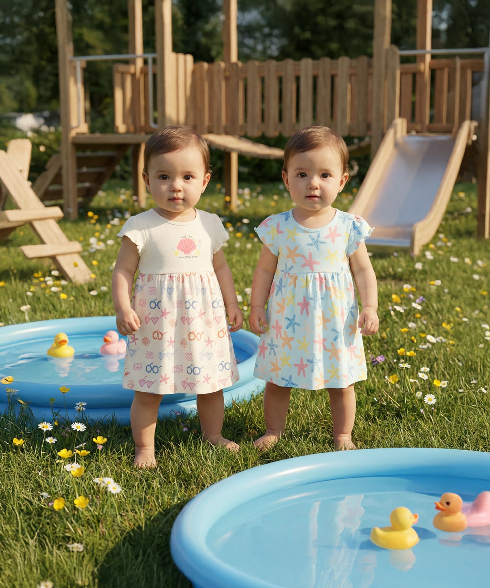 Baby Girls Starfish Print Knit Dresses Pack of 2, Aqua Blue and Cream