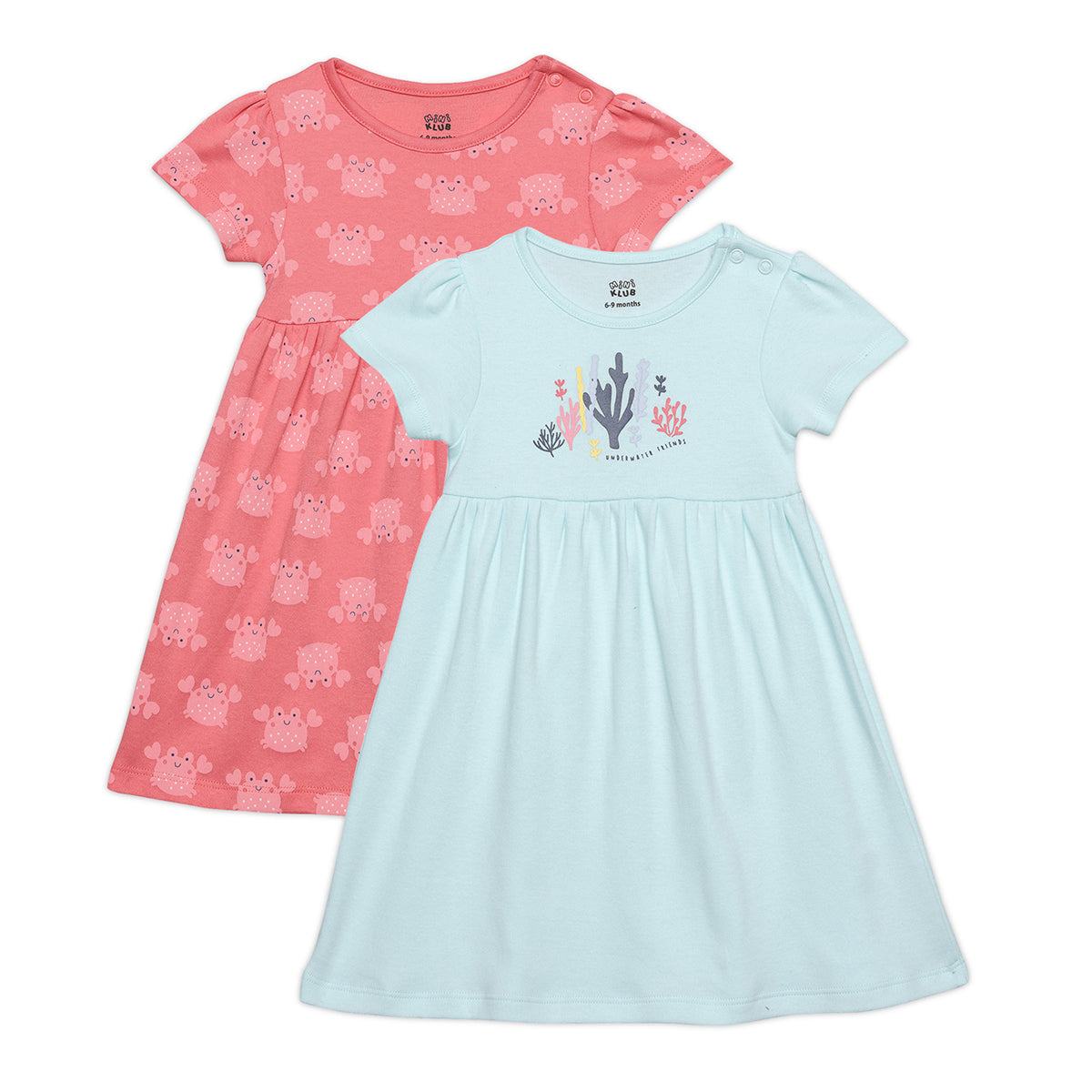 Baby Girls Ocean Theme Printed Dresses Pack of 2, Light Blue and Coral Pink