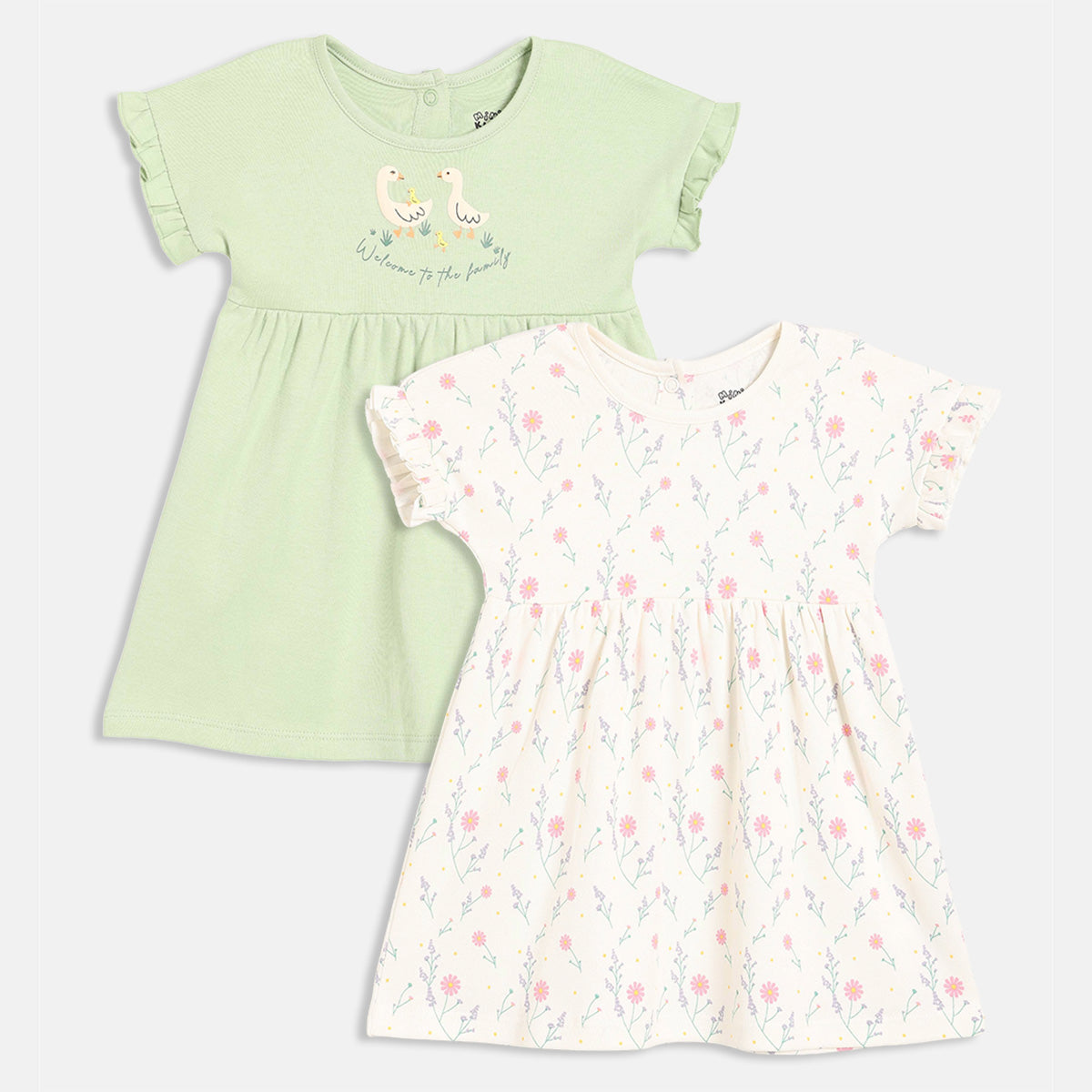 Baby Girls Swan Graphic and Floral Printed Dresses Pack of 2, Mint Green and Off White