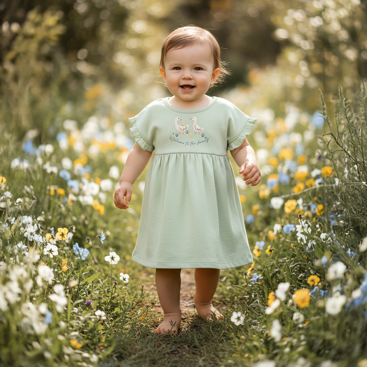 Baby Girls Swan Graphic and Floral Printed Dresses Pack of 2, Mint Green and Off White