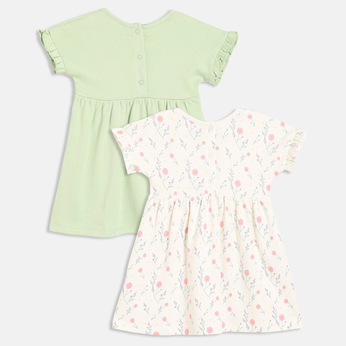 Baby Girls Swan Graphic and Floral Printed Dresses Pack of 2, Mint Green and Off White