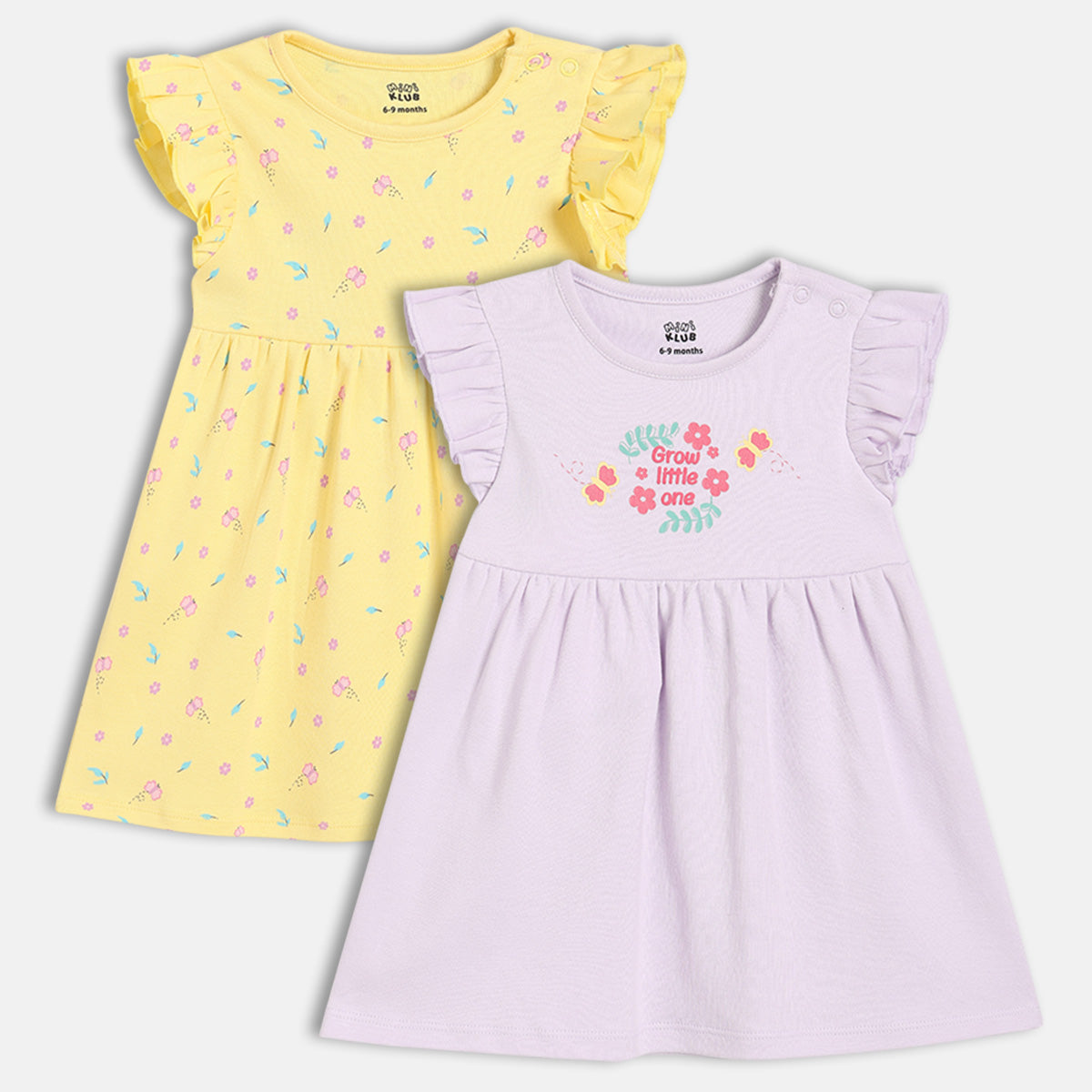 Baby Girls Floral Printed and Graphic Dresses Pack of 2, Yellow and Lavender