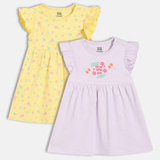 Baby Girls Floral Printed and Graphic Dresses Pack of 2, Yellow and Lavender