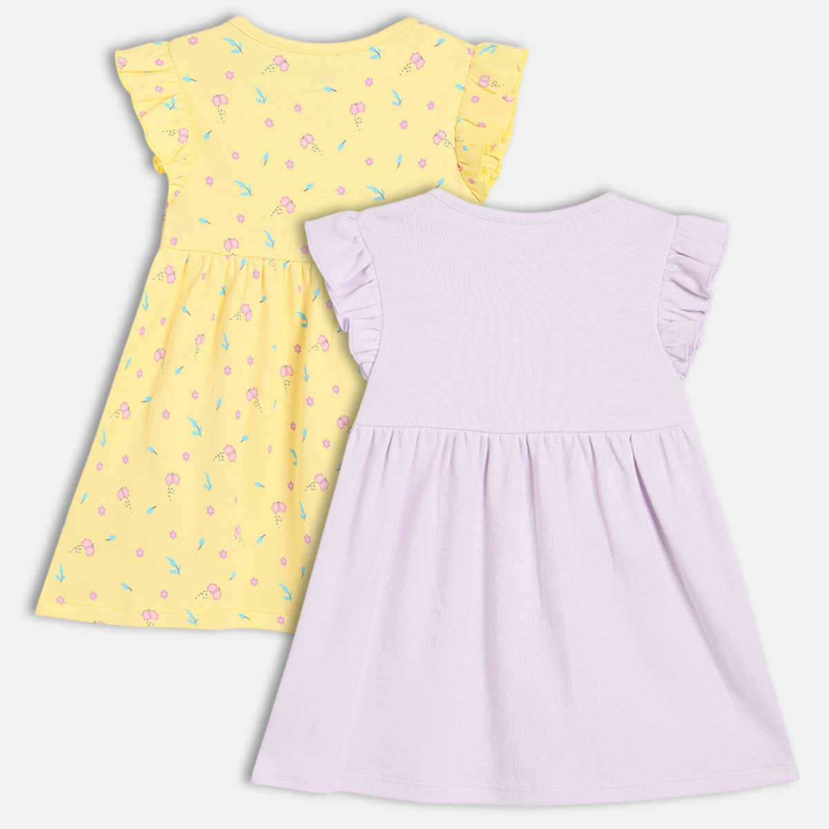 Baby Girls Floral Printed and Graphic Dresses Pack of 2, Yellow and Lavender