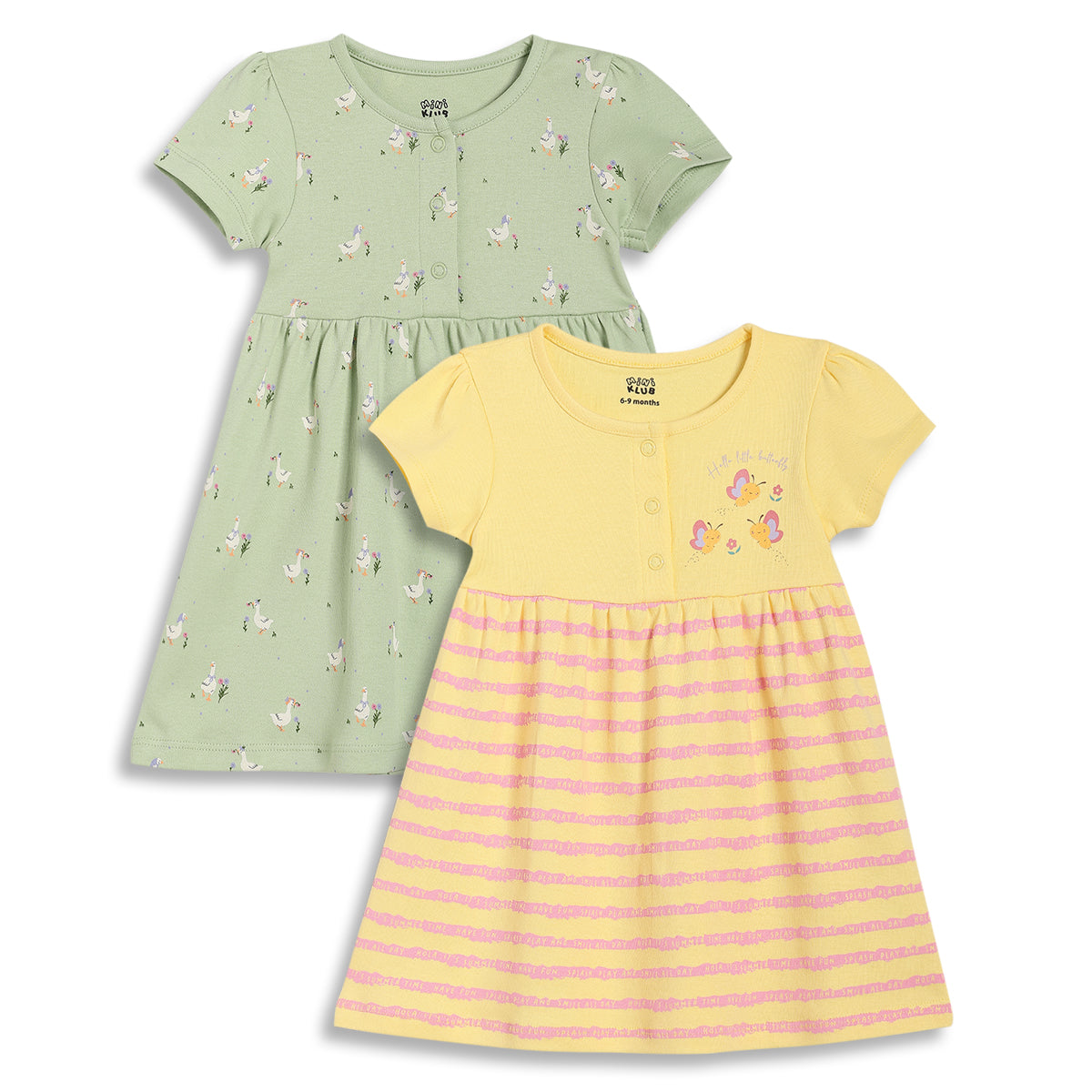 Baby Girls Printed Front Open Knit Dress Pack of 2, Green & Yellow