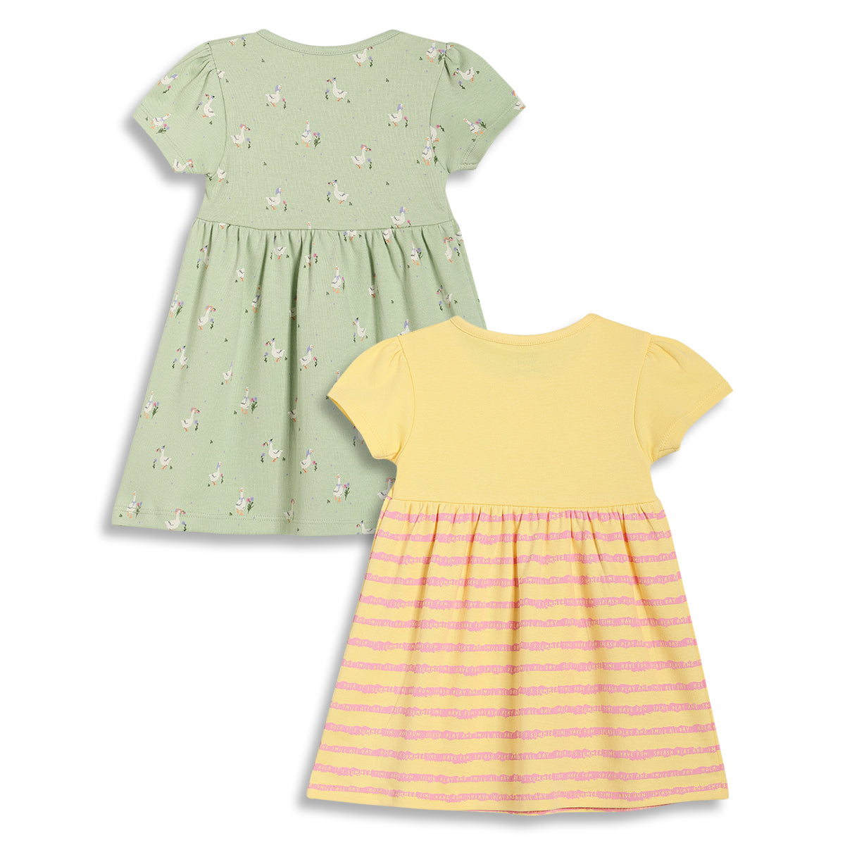 Baby Girls Printed Front Open Knit Dress Pack of 2, Green & Yellow