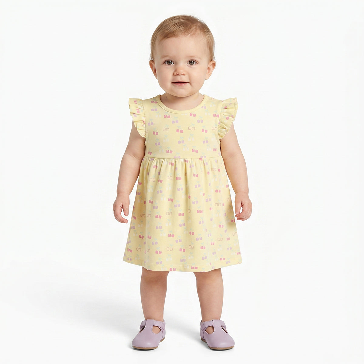 Baby Girls Cherry Print Dresses Pack of 2, Yellow and Pink