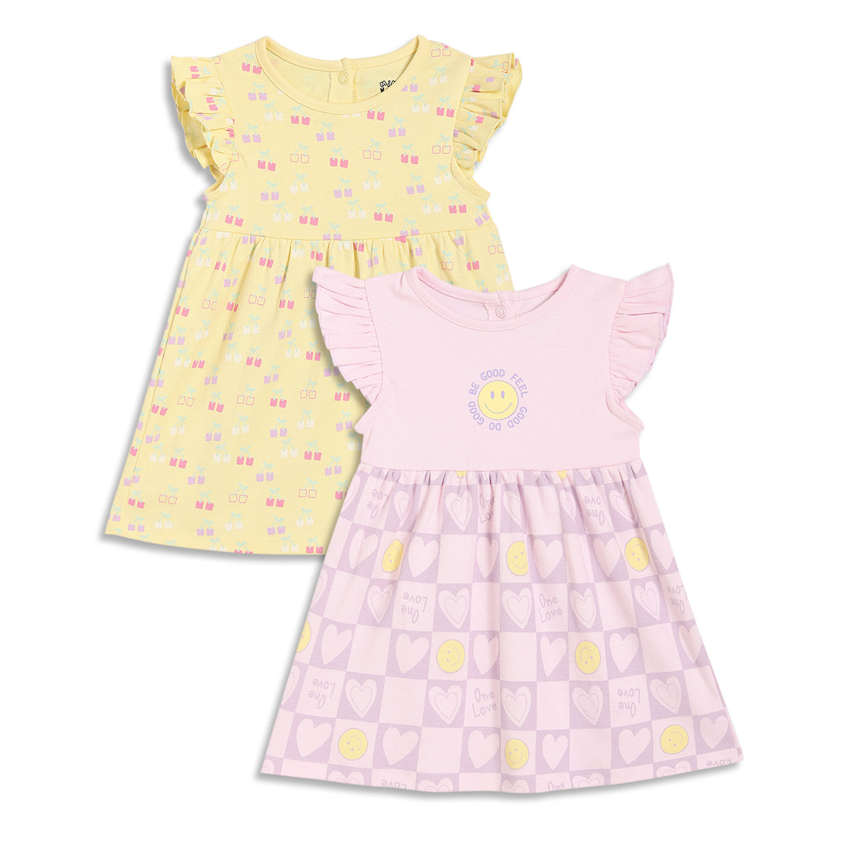 Baby Girls Cherry Print Dresses Pack of 2, Yellow and Pink