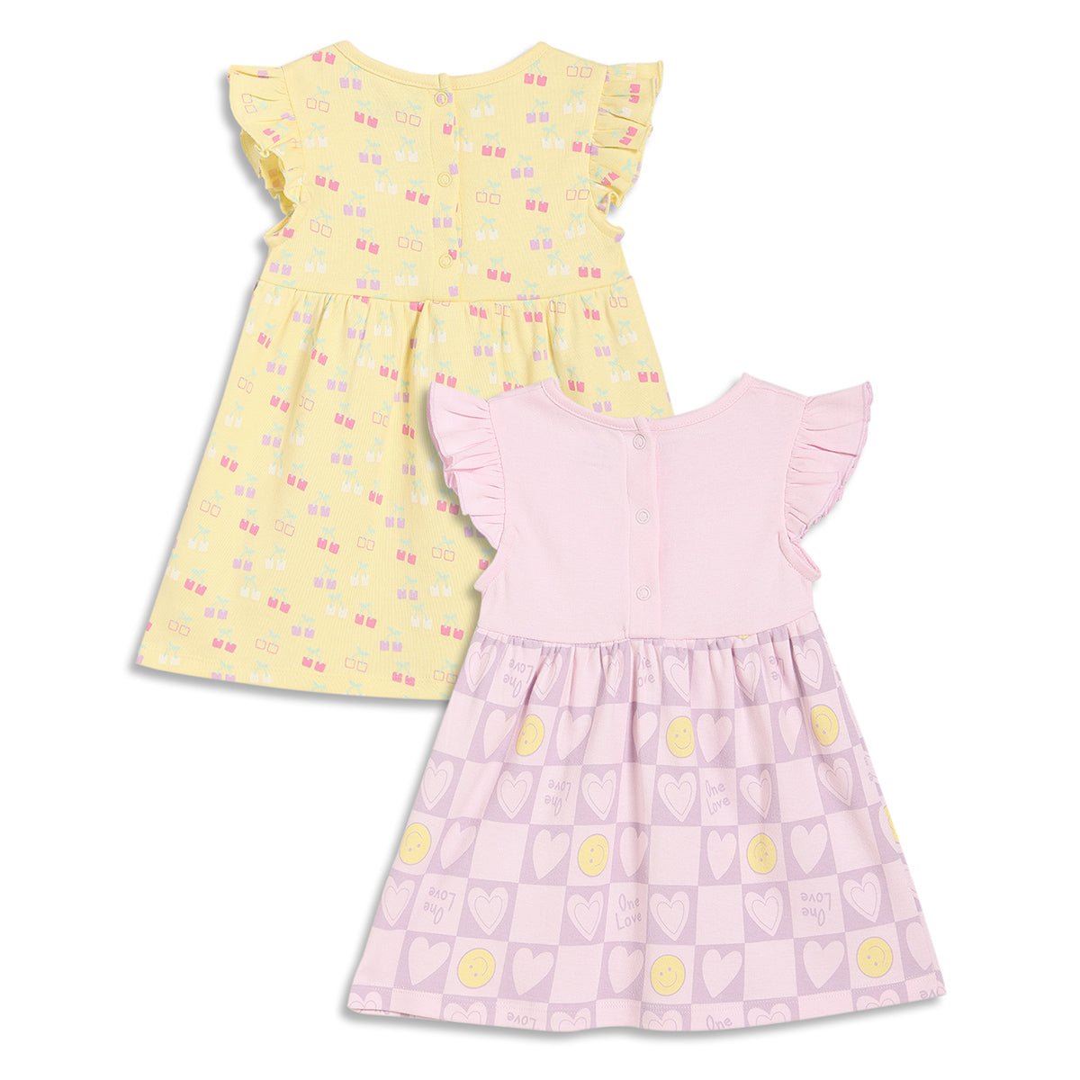 Baby Girls Cherry Print Dresses Pack of 2, Yellow and Pink