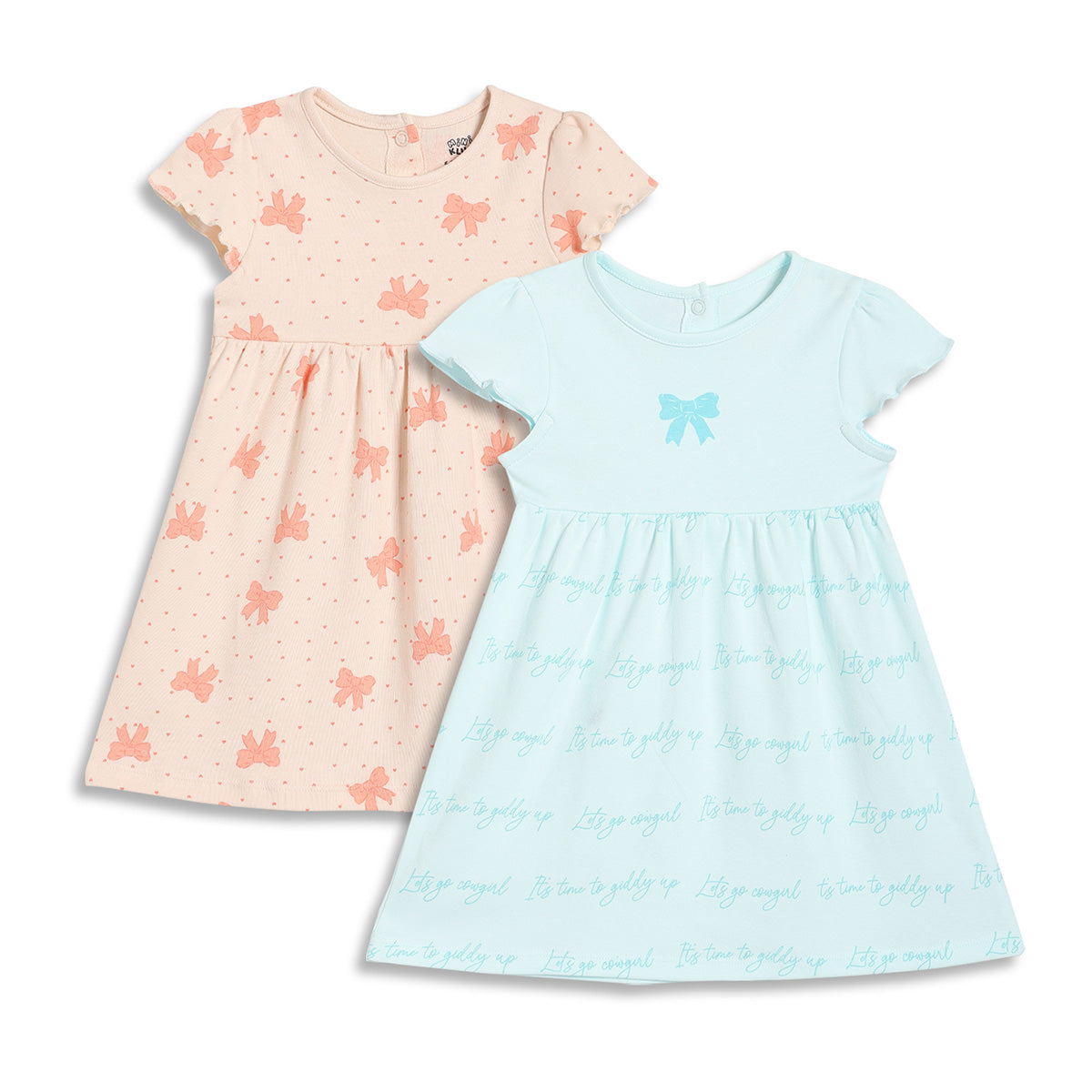 Baby Girls Bow Print Dresses Pack of 2, Peach and Light Blue