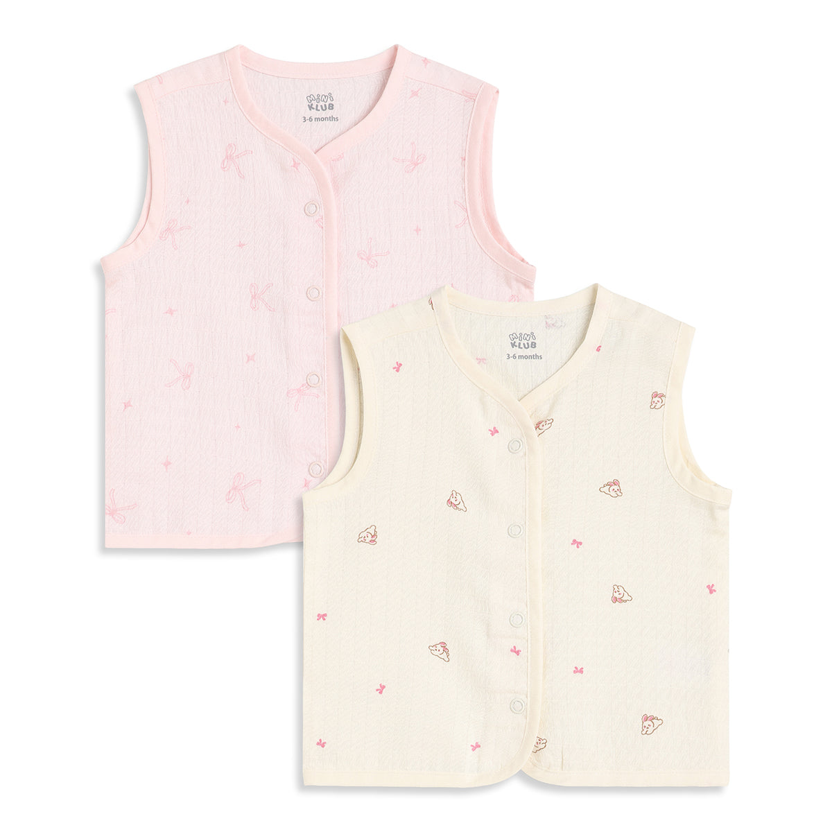 Baby Girls Pink And Cream Cotton Printed Front Open Vests Pack Of 2 Regular Fit Everyday Wear