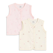 Baby Girls Pink And Cream Cotton Printed Front Open Vests Pack Of 2 Regular Fit Everyday Wear