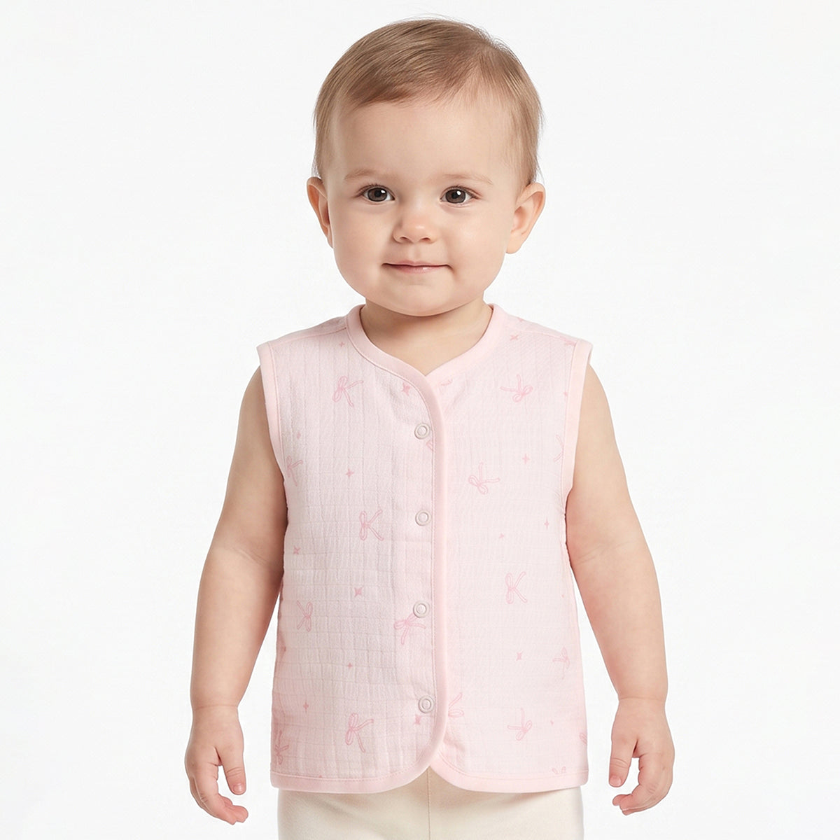 Baby Girls Pink And Cream Cotton Printed Front Open Vests Pack Of 2 Regular Fit Everyday Wear