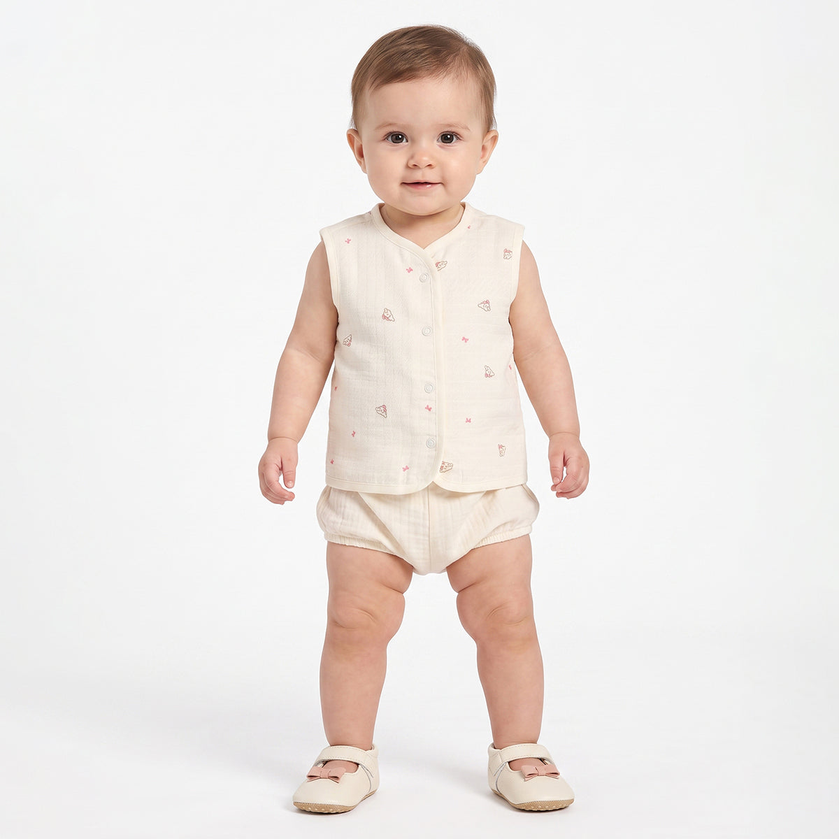 Baby Girls Pink And Cream Cotton Printed Front Open Vests Pack Of 2 Regular Fit Everyday Wear