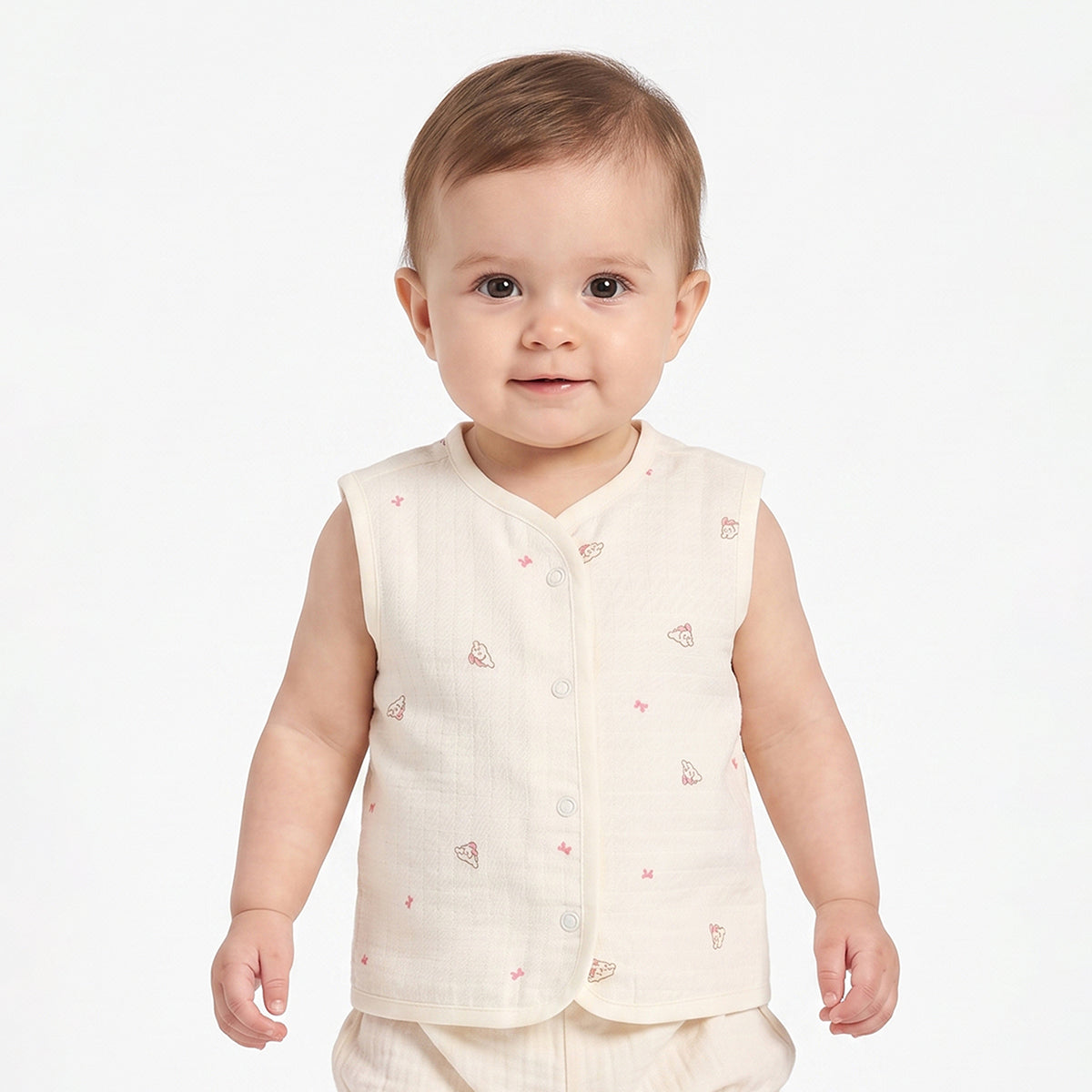 Baby Girls Pink And Cream Cotton Printed Front Open Vests Pack Of 2 Regular Fit Everyday Wear