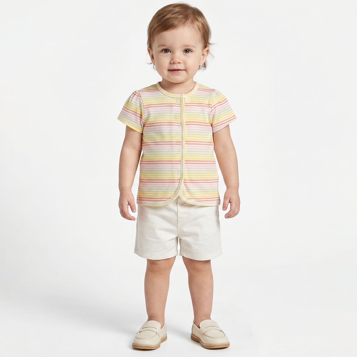 Baby Girls White & Pink Striped Cotton Front Open Vest Pack of 2 Regular Fit Casual Baby Vests