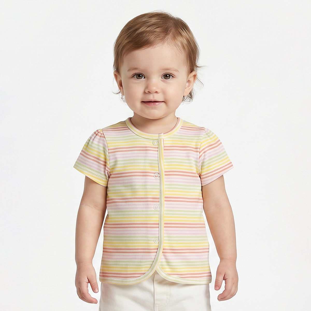 Baby Girls White & Pink Striped Cotton Front Open Vest Pack of 2 Regular Fit Casual Baby Vests