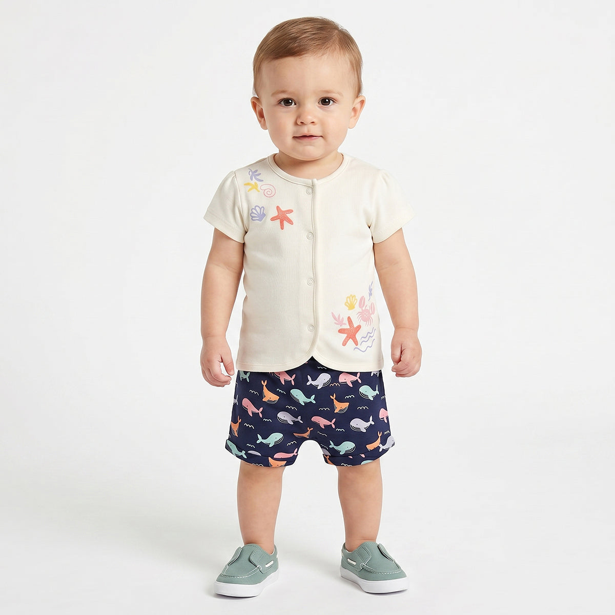 Baby Girls Star Fish Printed Front Open Vests Pack Of 2, Multicolor