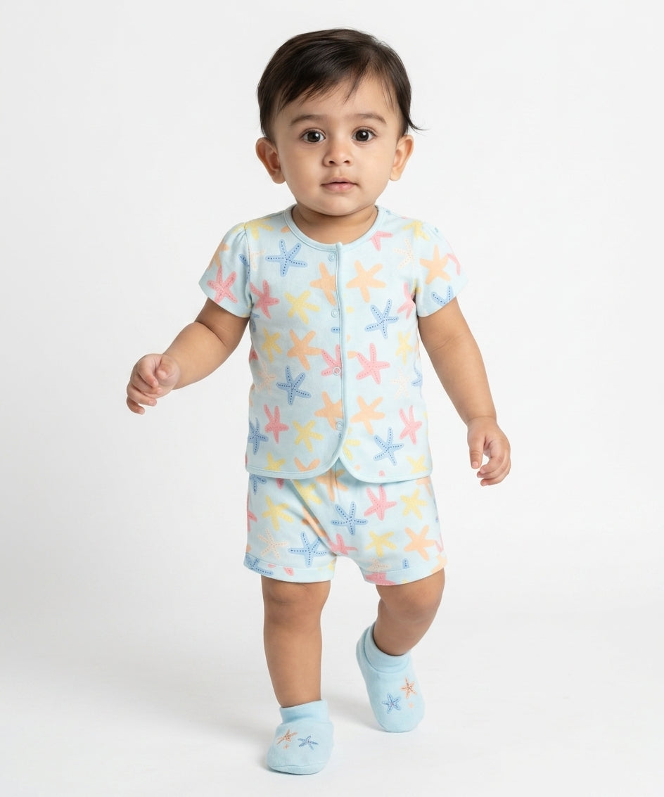 Baby Girls Star Fish Printed Front Open Vests Pack Of 2, Multicolor