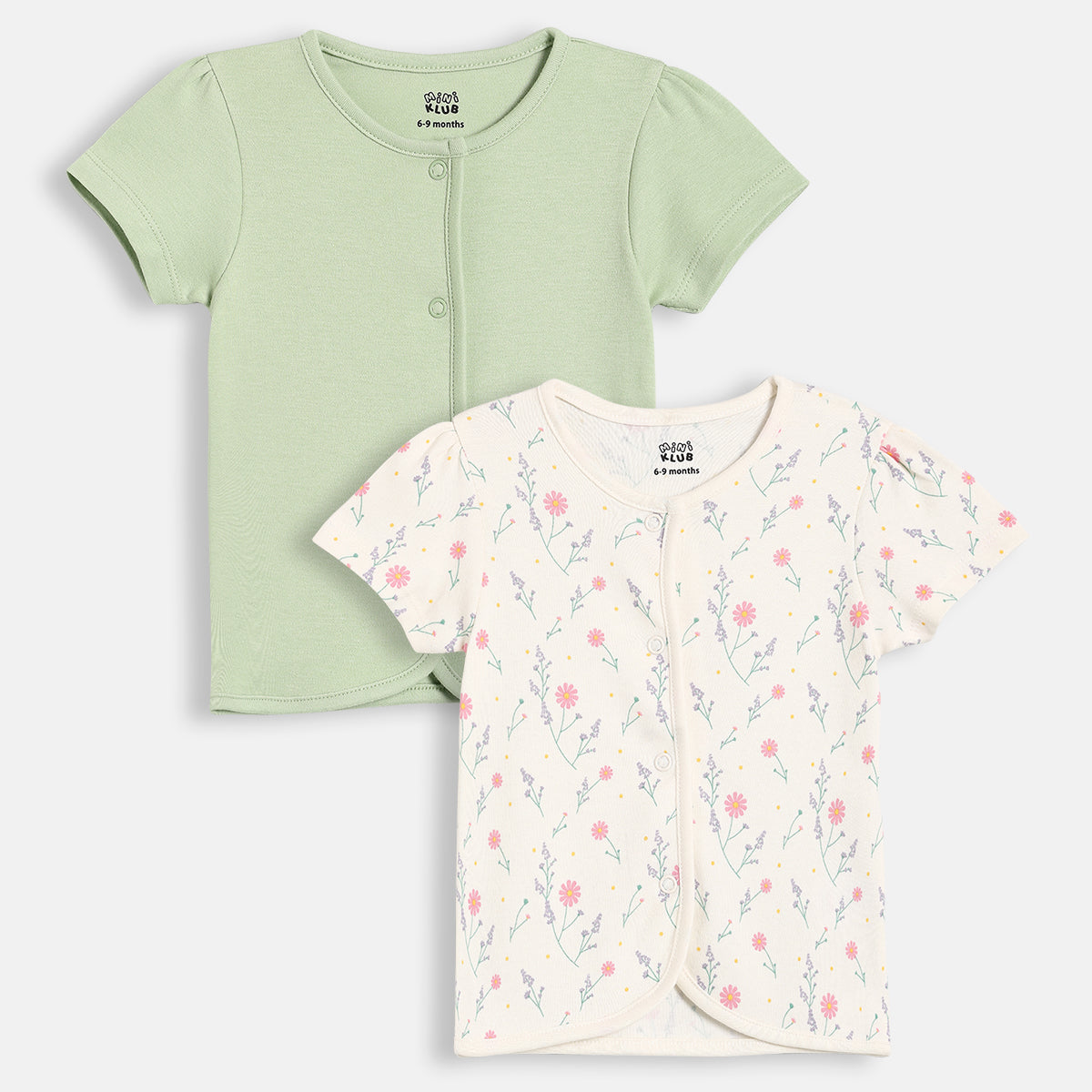 Baby Girls Floral Printed & Solid Front Open Vest Pack of 2, Green & Off White