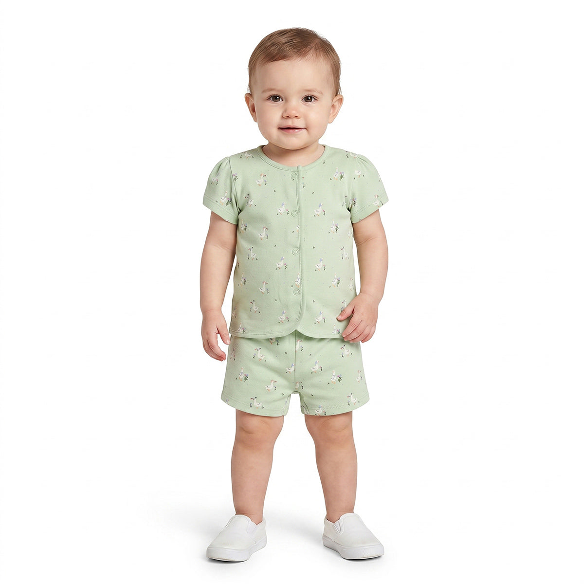 Baby Girls Duck Print and Striped Vests Pack of 2, Light Green and White