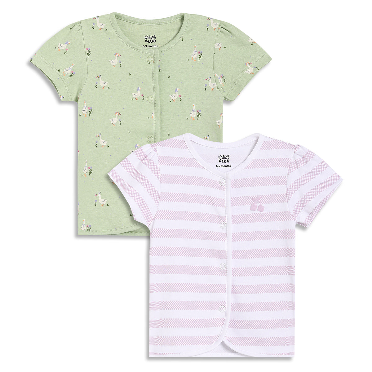 Baby Girls Duck Print and Striped Vests Pack of 2, Light Green and White