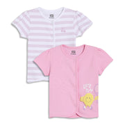 Baby Girls Striped and Graphic Print Front Open Vests Pack of 2, Pink and White