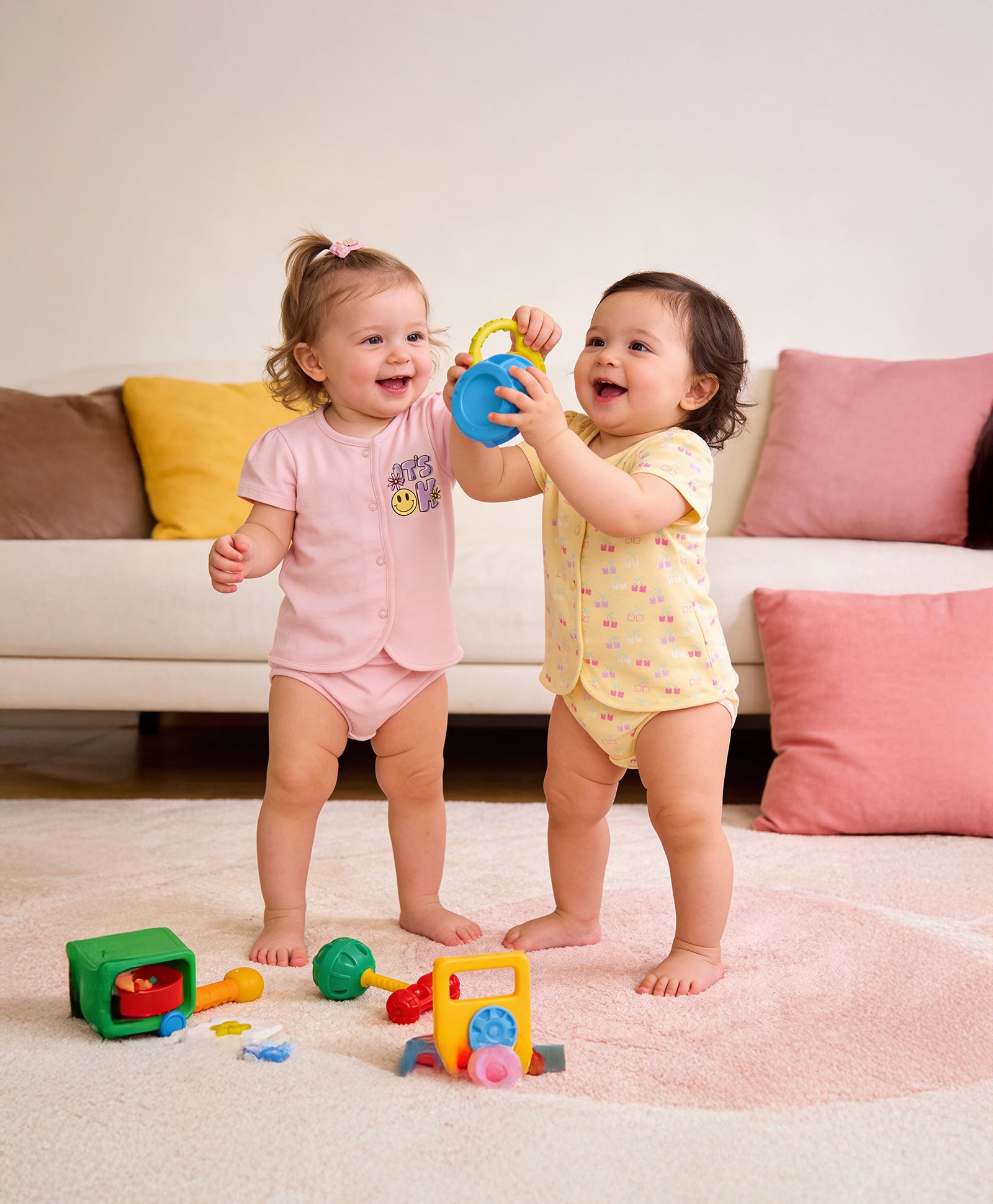 Baby Girls Front Open Vest Pack of 2, Yellow & Pink