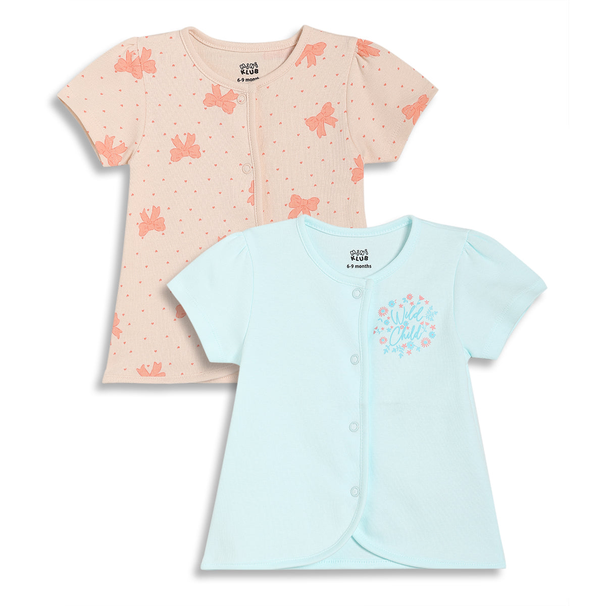 Baby Girls Bow Print Front Open Vest Pack of 2, Peach and Aqua Blue