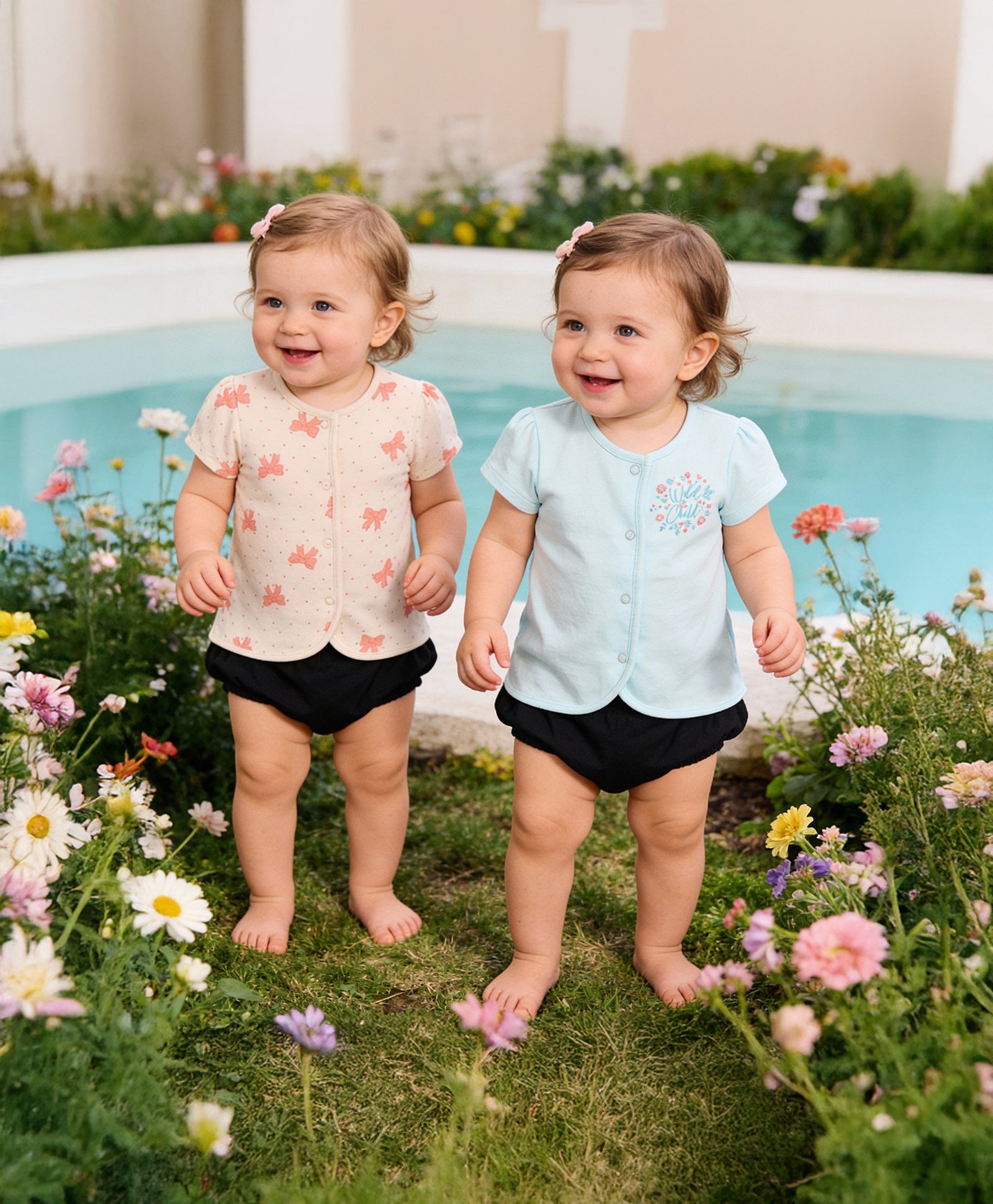 Baby Girls Bow Print Front Open Vest Pack of 2, Peach and Aqua Blue