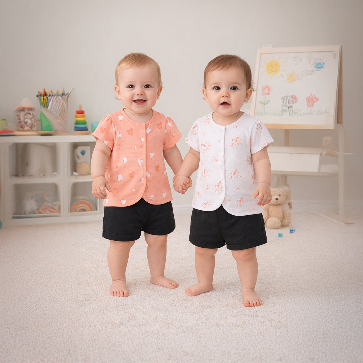 Baby Girls Boots and Spurs Print Front Open Vest Pack of 2, White and Peach