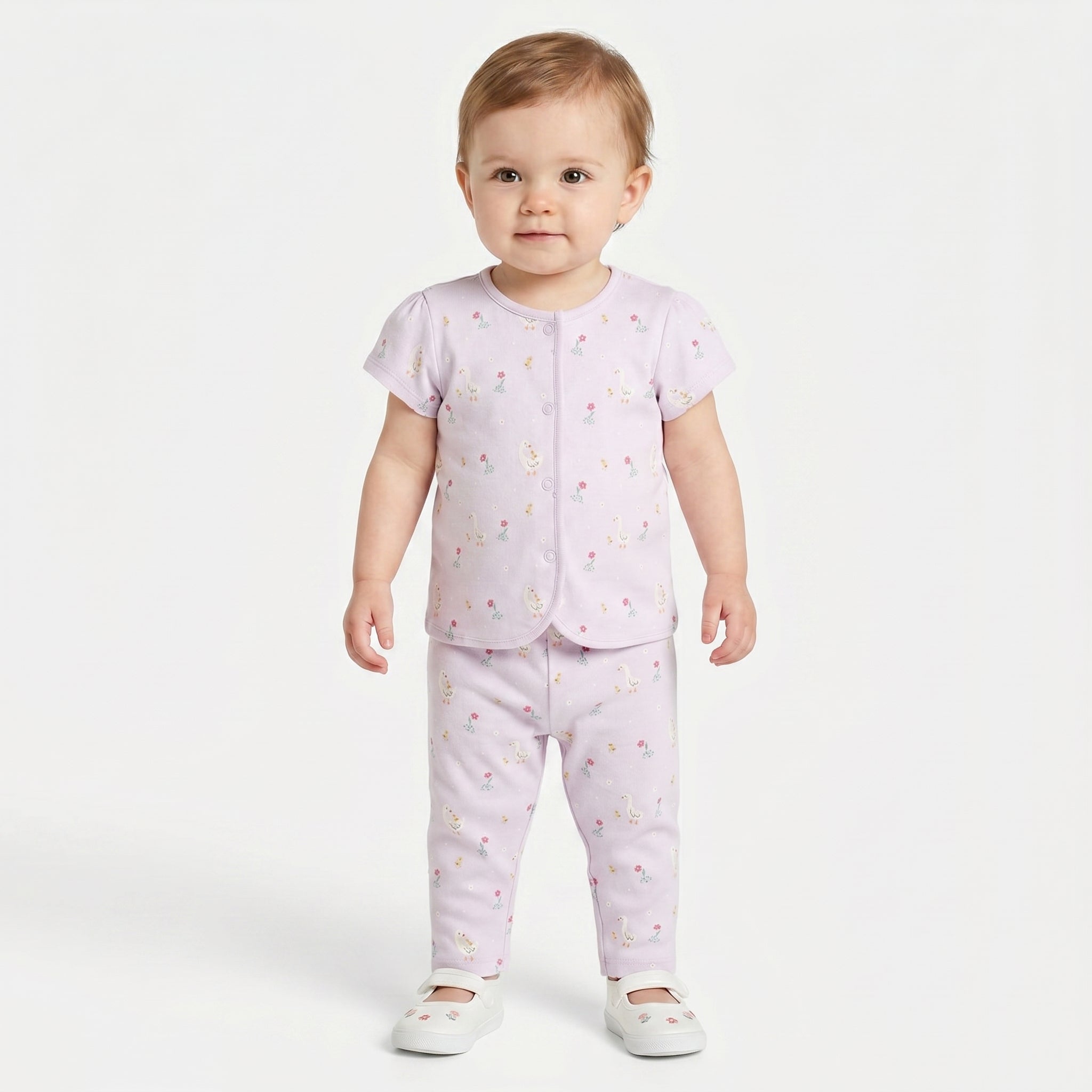 Baby Girls Duck and Floral Print Knit Bottom Pack of 2, Pink and Lavender