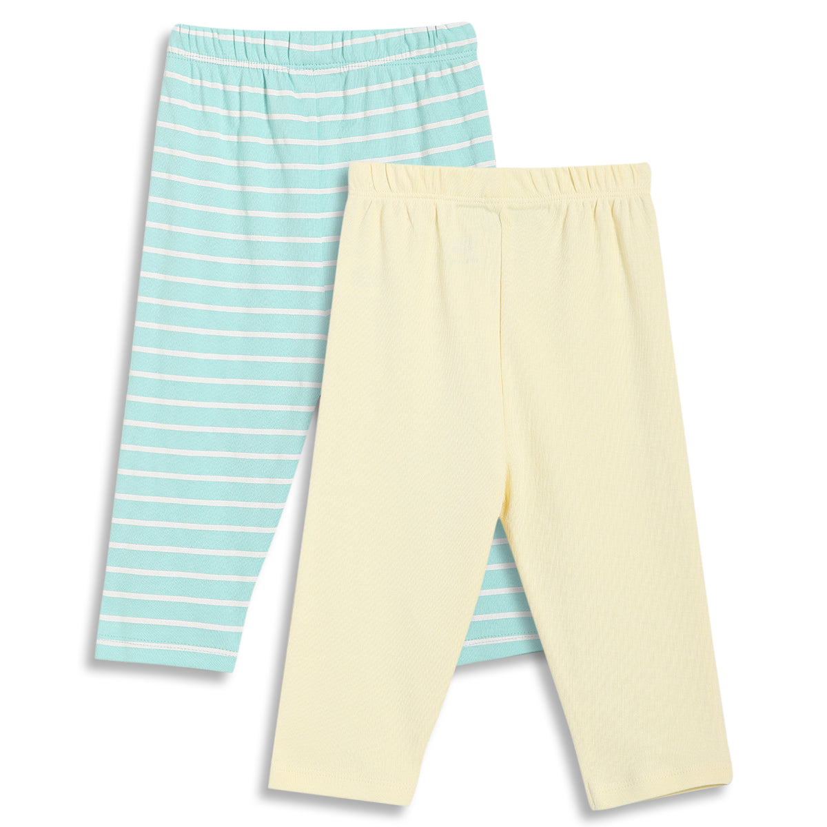 Baby Girls Striped and Solid Leggings Pack of 2, Mint Green & Yellow