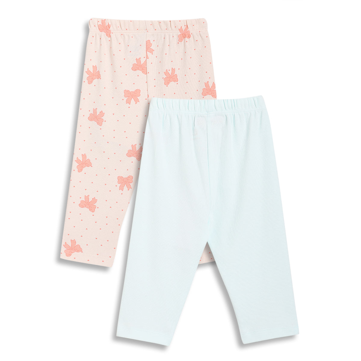 Baby Girls Bow Print and Solid Leggings Pack of 2, Peach & Mint Green