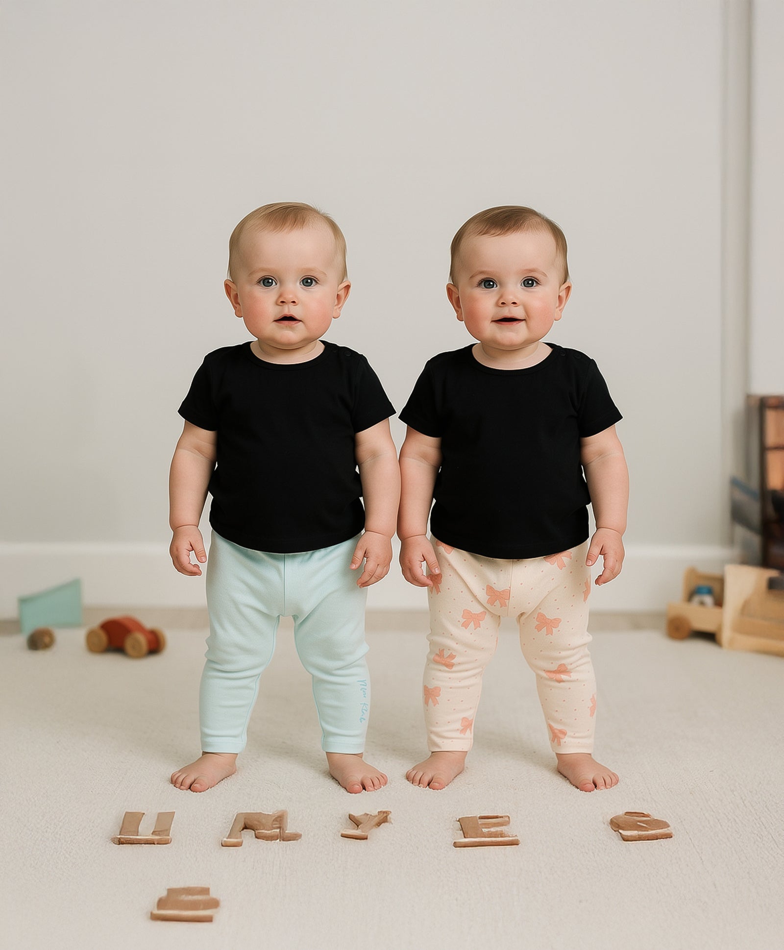 Baby Girls Bow Print and Solid Leggings Pack of 2, Peach & Mint Green