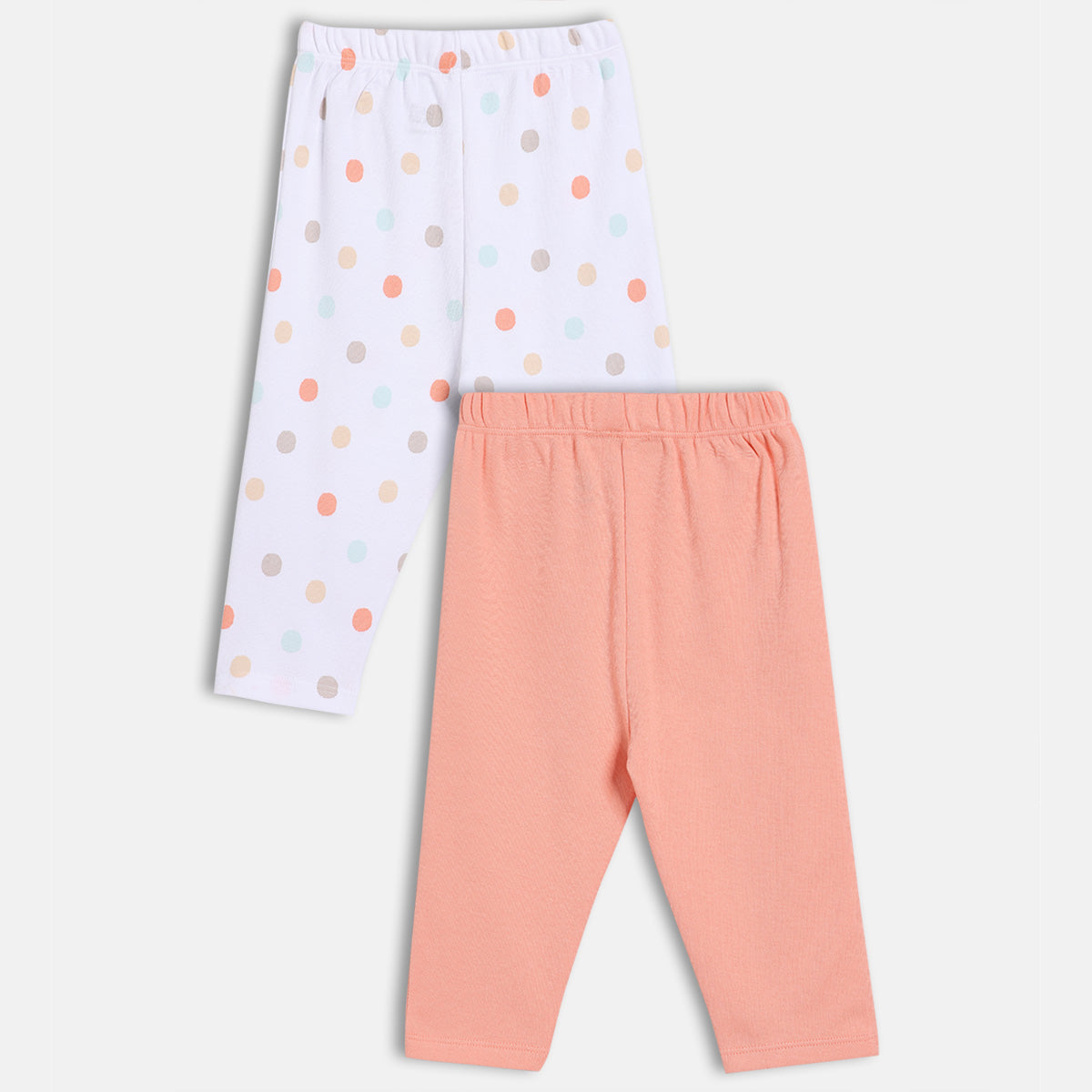 Baby Girls Polka Print and Solid Leggings Pack of 2, White & Peach