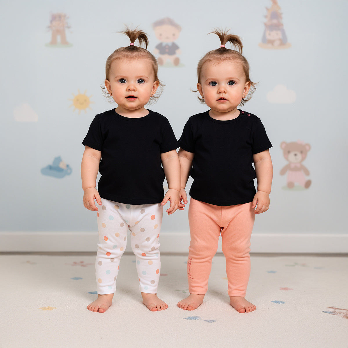 Baby Girls Polka Print and Solid Leggings Pack of 2, White & Peach