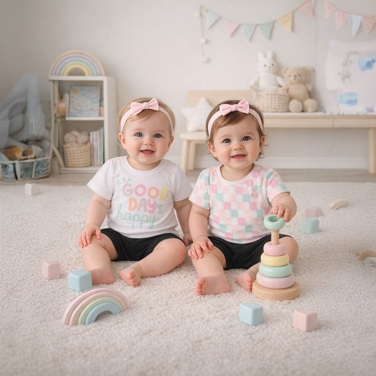 Baby Girls Graphic Print Knit Tops Pack of 2, White & Pastel Multicolour