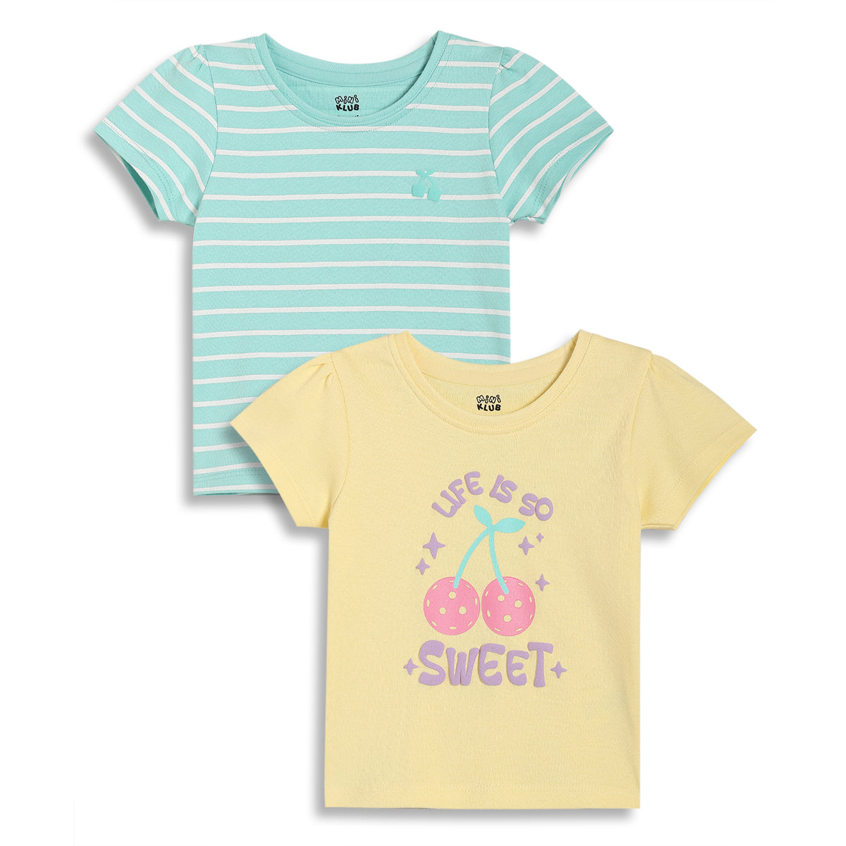 Baby Girls Striped and Cherry Print Knit Tops Pack of 2, Mint Green & Yellow