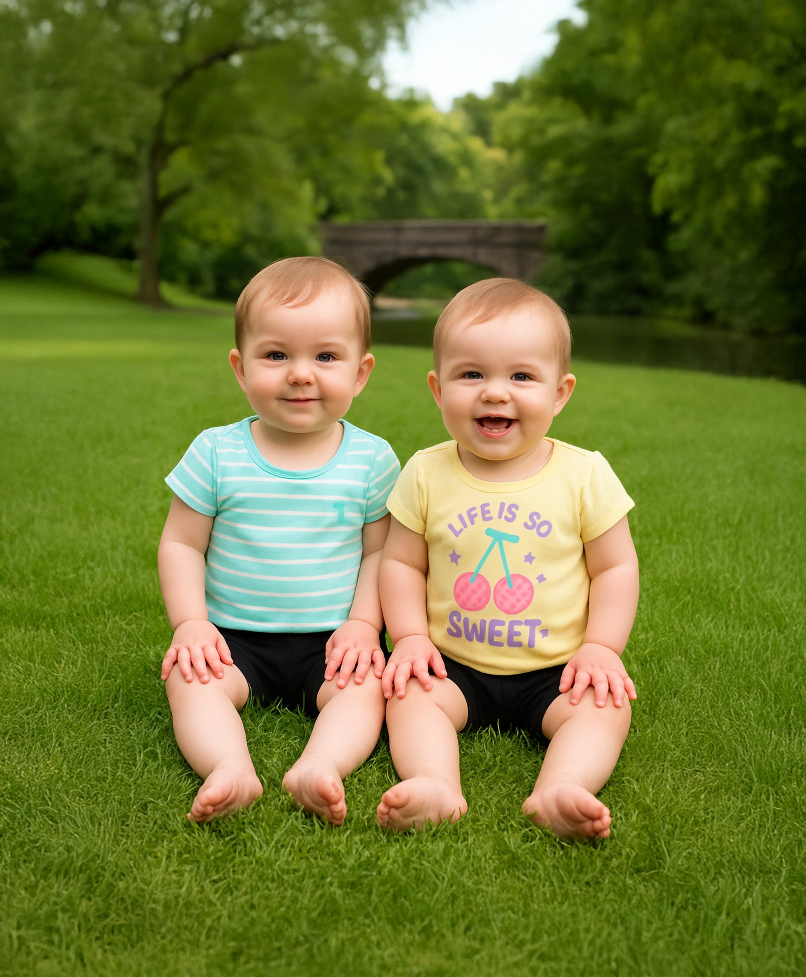 Baby Girls Striped and Cherry Print Knit Tops Pack of 2, Mint Green & Yellow